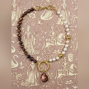 Natural Copper Iron Red Pearl And Peach Pearls In Assymetrical Necklace